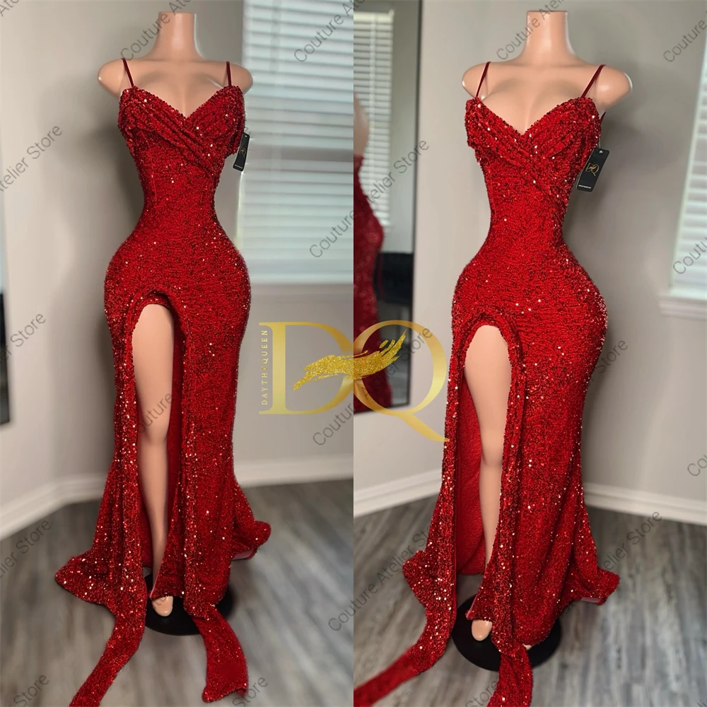 Abiti da ballo con paillettes spaccati alti per spaghetti Abito a sirena per ragazze nere Abiti da cerimonia di lusso 2024 per occasioni formali Compleanno personalizzato