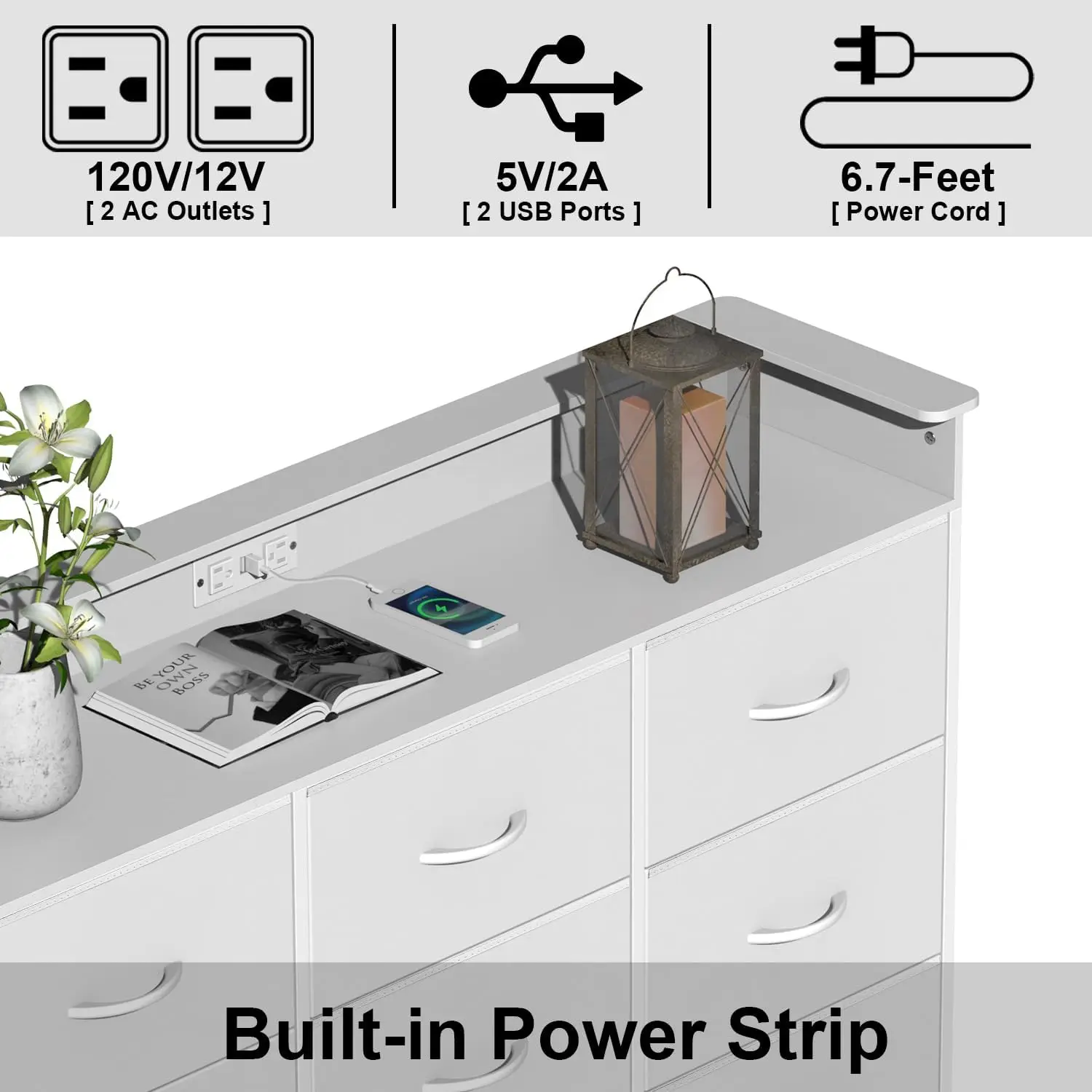 White Dresser with LED Light for Bedroom 9 Drawer Dressers with Charging Station Chests of Drawers for Entryway Closet Living Ro