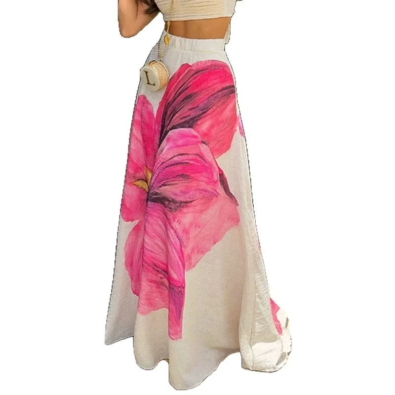 

European and American Women's Summer Beach Vacation Style Fashion Floral Print Low-Waist A-Line Midi Skirt