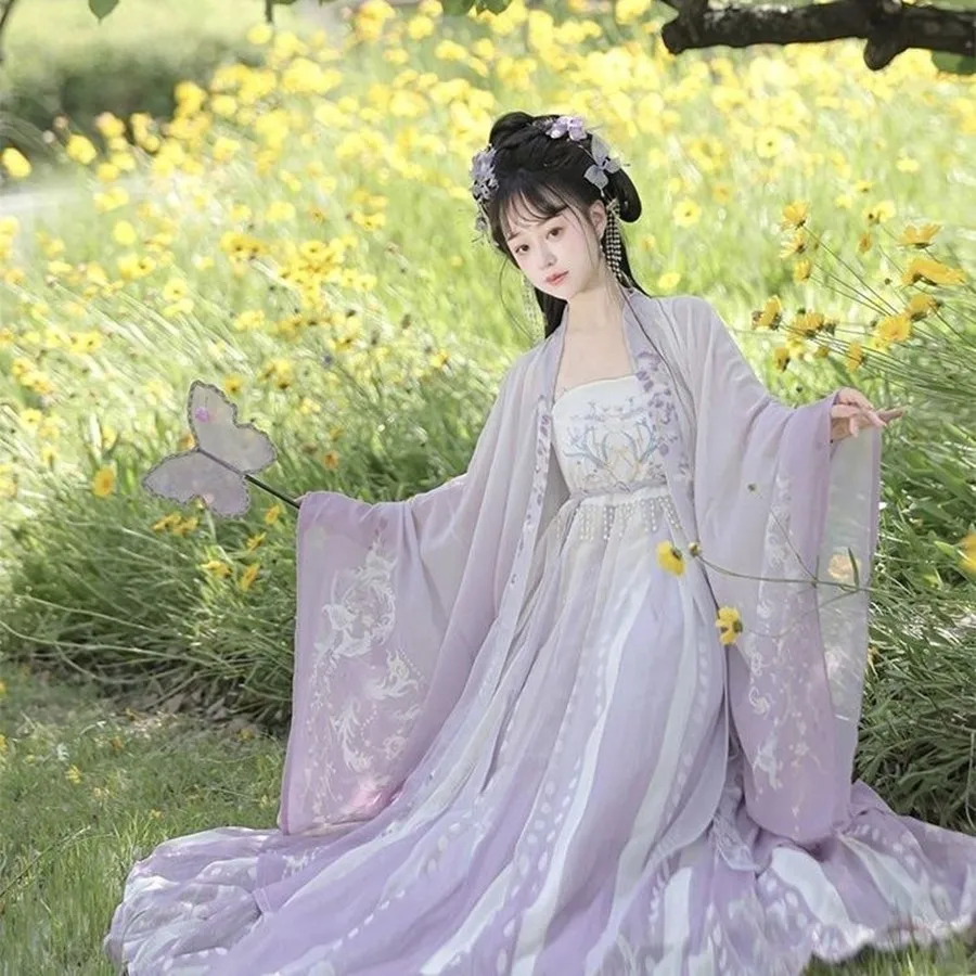 

Оригинальный женский костюм Ханьфу: фиолетовая юбка с цветочным узором в стиле Тан и рубашка с широкими рукавами. Весенне-летний старинный наряд.