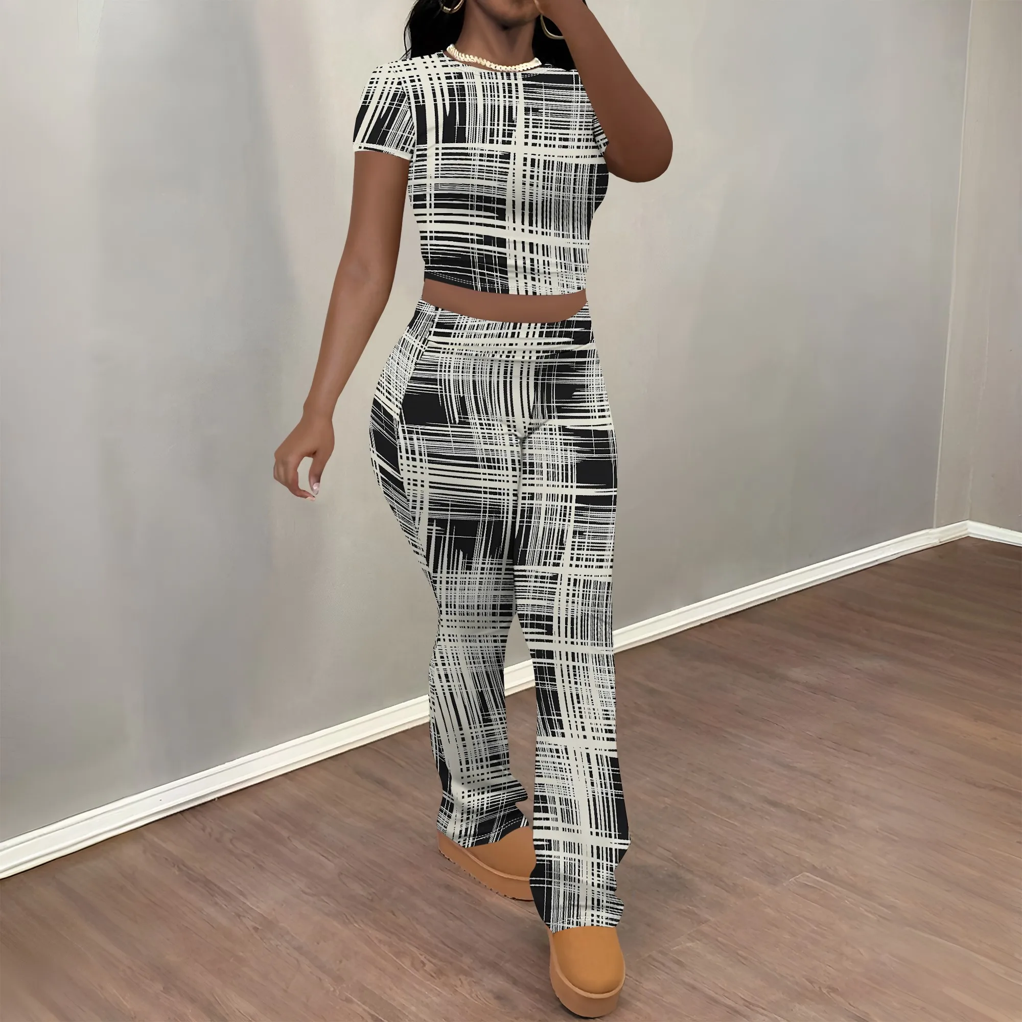 

Nupusa Striped Print Two - Piece Set for Women Standard Size Summer Casual Crew Neck Short Sleeve Outfit