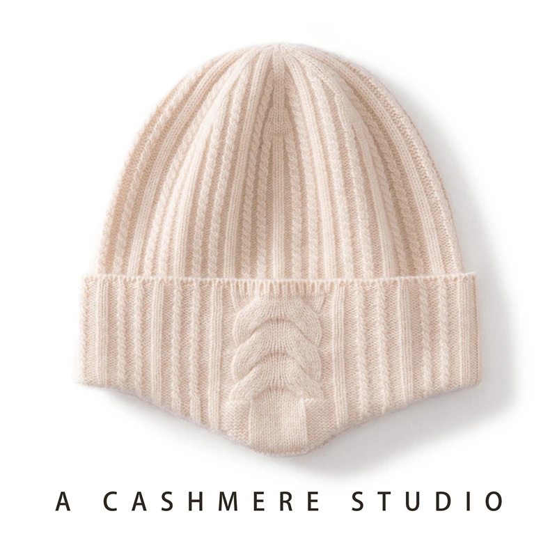 DjzDsm Fashionable Winter New Women's Pure Cashmere Cuffed Hat Windproof Knitted Solid Color Men's Soft Ear Protection Hat