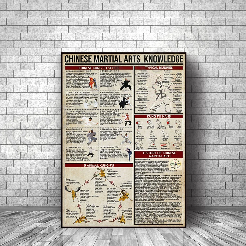 Chinese Martial Arts Knowledge Poster Chinese Kung Fu Martial Arts Poster Home Office Decoration Chinese Style Canvas Painting