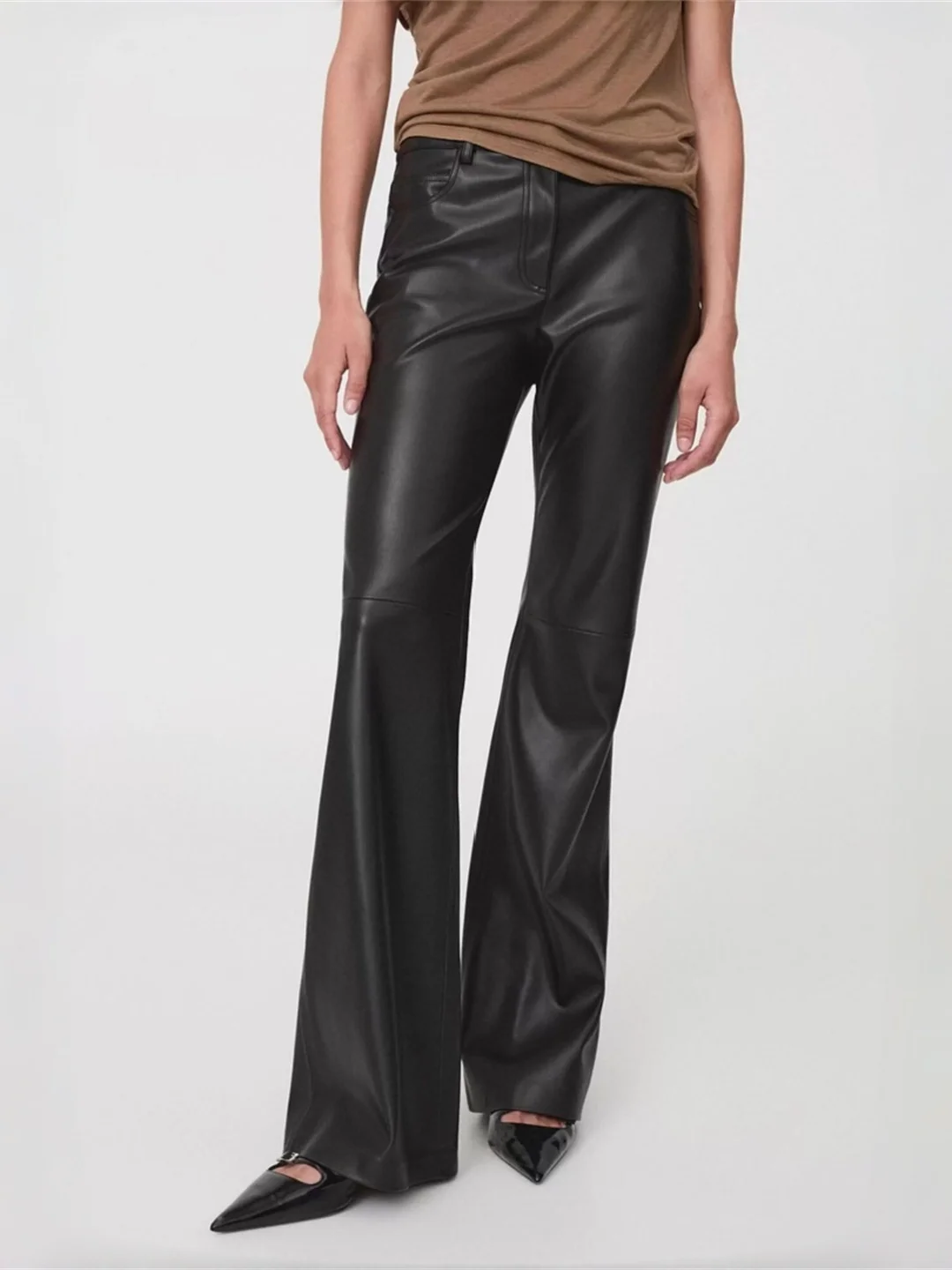 Outono couro do plutônio calças compridas femininas algemado emagrecimento perna alongamento calças casuais cintura alta zíper calças de perna reta