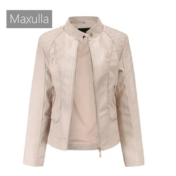 Spring Autumn Women's Casual Leather Clothing Outdoor Windproof PU Top Fashion Slim Standing Collar Jacket Women's Clothing
