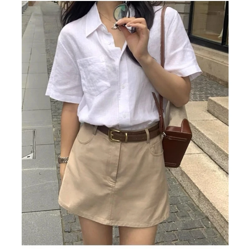 

2025 Spring/Summer Minimalist Old Money Feng Shui Wash Linen Short Sleeve Women's Breathable Solid Color Collar Shirt Top