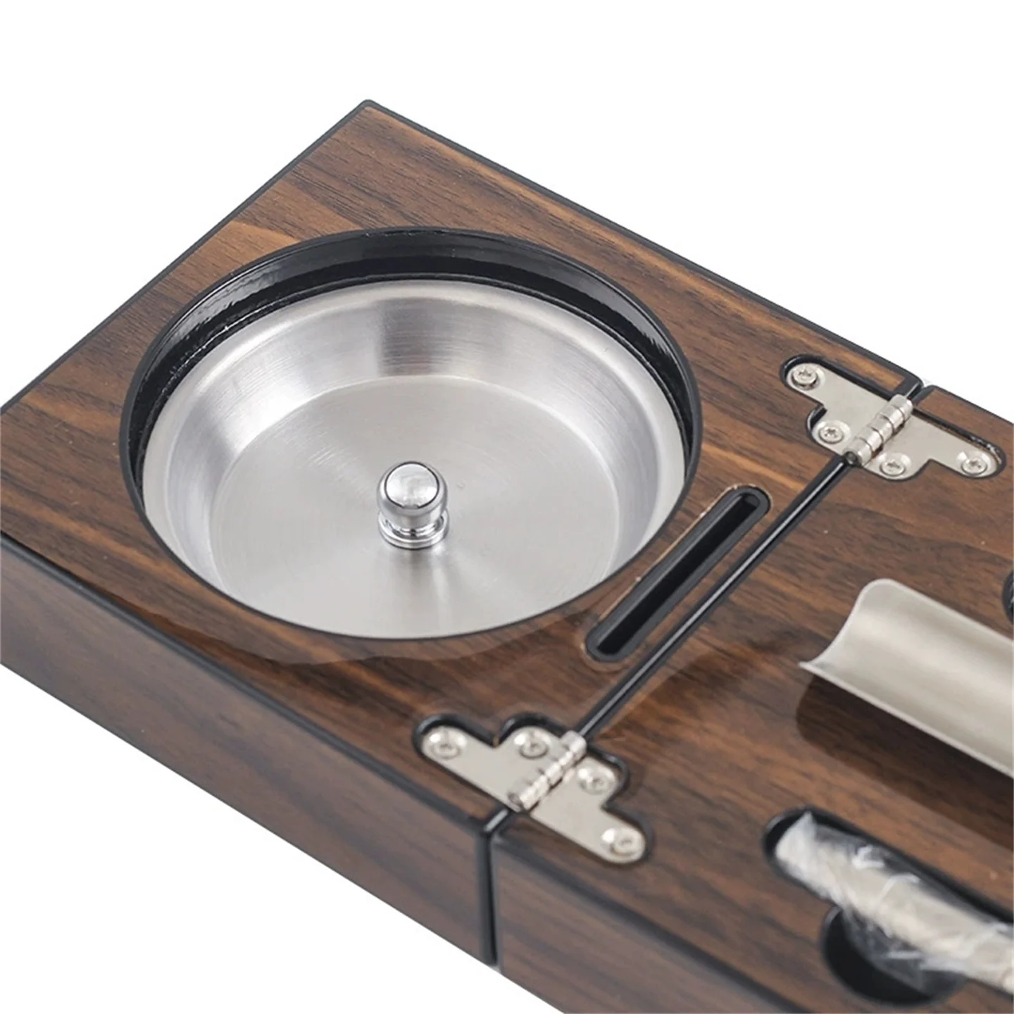 Portable Foldable Walnut Wood Cigar Ashtray / Stainless Steel Cigar Cutter / Cigar Drill / Holder Travel Set Gentleman's Gift