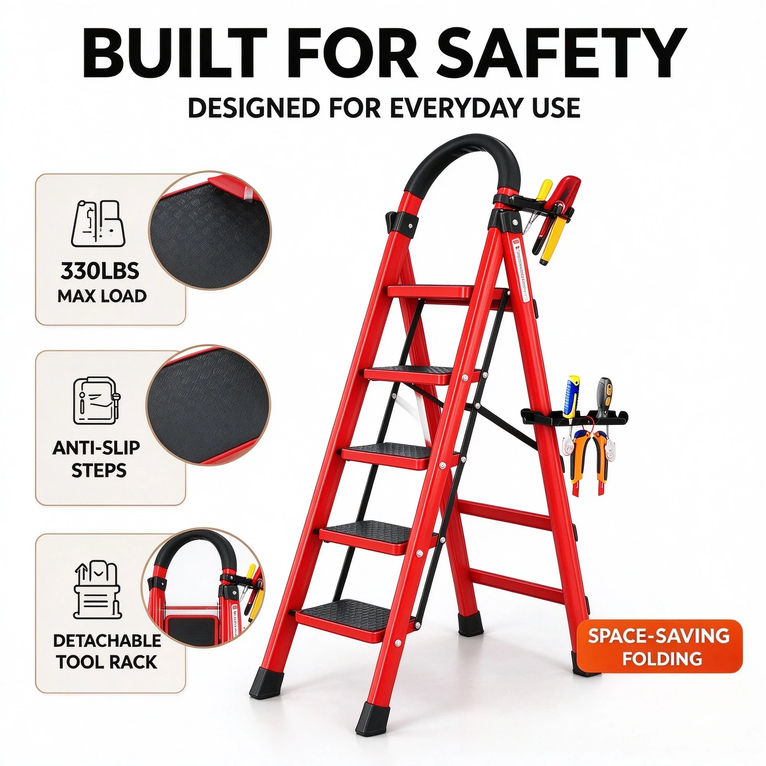 Folding 3/4/5 Step Ladder, Portable Multi-Functional Ladder, Load-Bearing 350 Pounds, Heavy-Duty Steel Step Stool With Anti-Slip Wide Treads, Handrails, Safety Lock Design