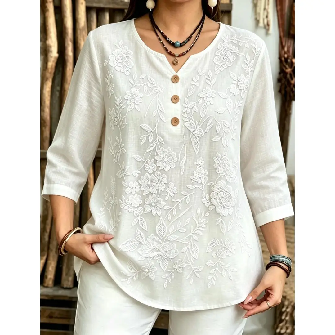 Women 3/4 Sleeve Notch V Neck Blouse Floral Embroidery Vintage Print Wooden Button Loose Casual Top