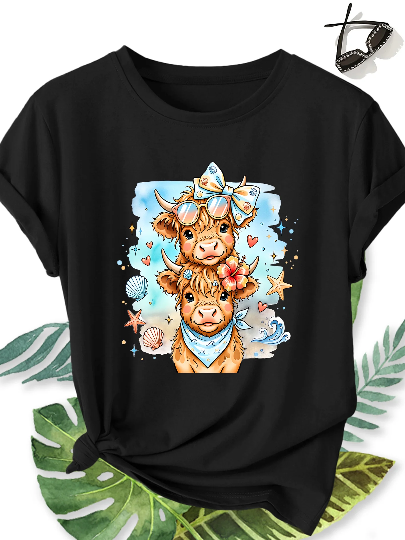 Double Highland Cattle Print Personalized Women's Comfortable Soft T-shirt Fashionable Commuting Vacation Daily Casual Top