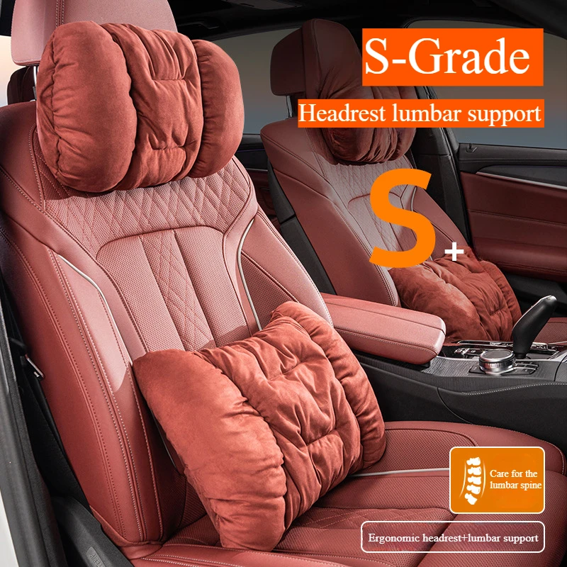 Plush Suede Car Headrest Pillow and Waist Cushion Soft Neck Support for Long Drive Vehicle Seat Comfort Protector