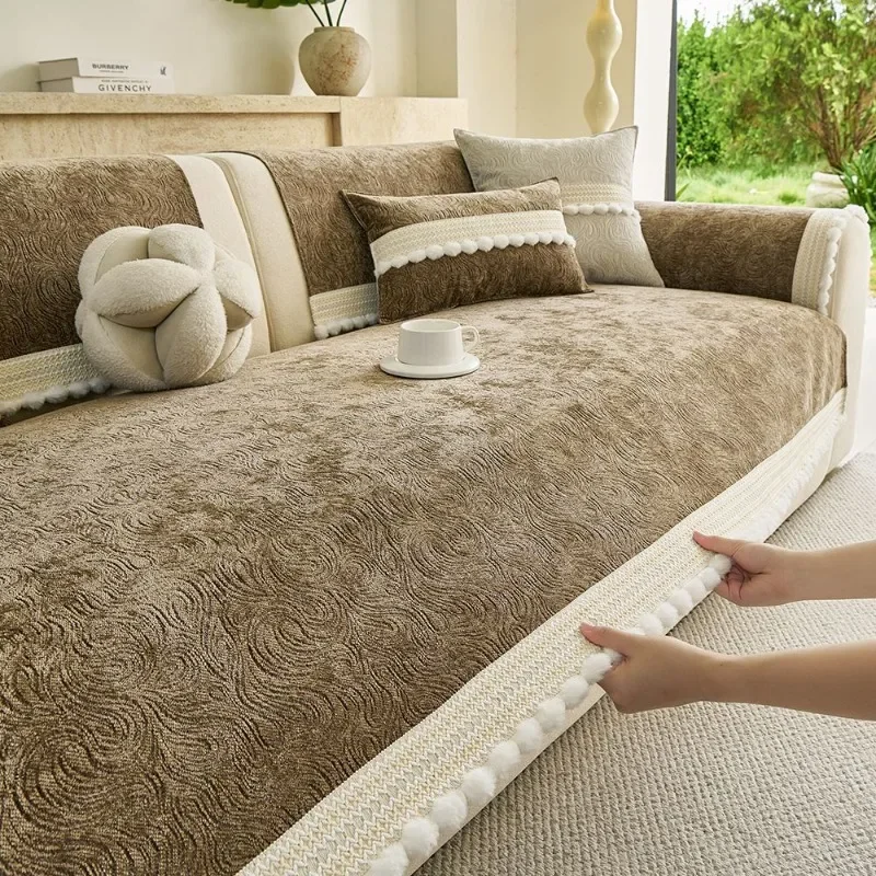 1pcs Chenille Embossed Sofa Cushion Tassel Edge Cat Scratch Resistant Pet Friendly Non Slip Couch Pad Home Decor Sofa Blanket