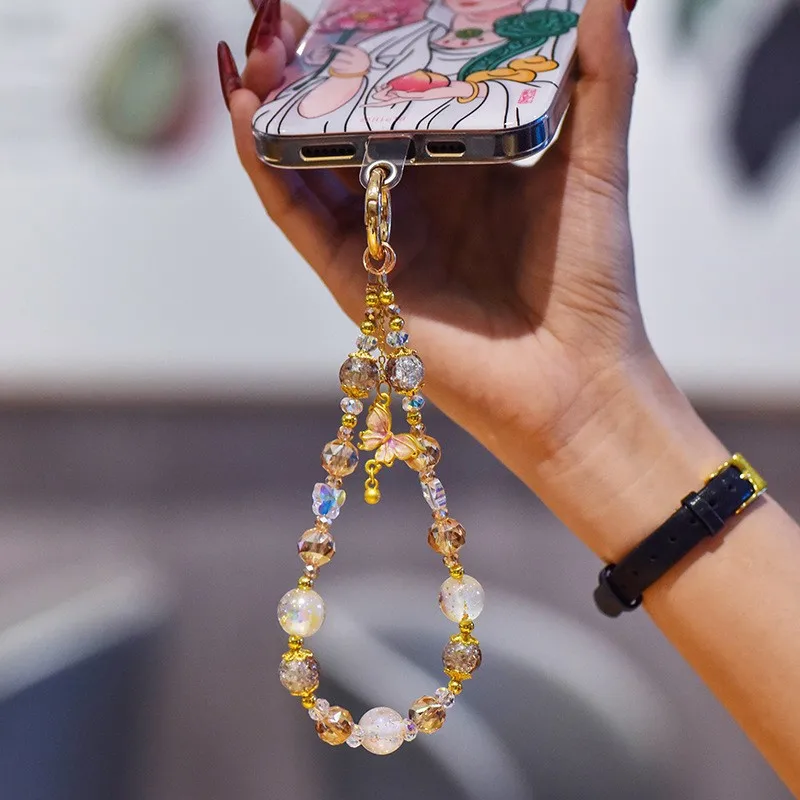 اليدوية حبة قصيرة الهاتف المعصم سلسلة الذهب احباط عقد بحلية متدلية على شكل فراشة ضوء فاخر كريستال الهاتف الحبل لمنع فقدان العالمي