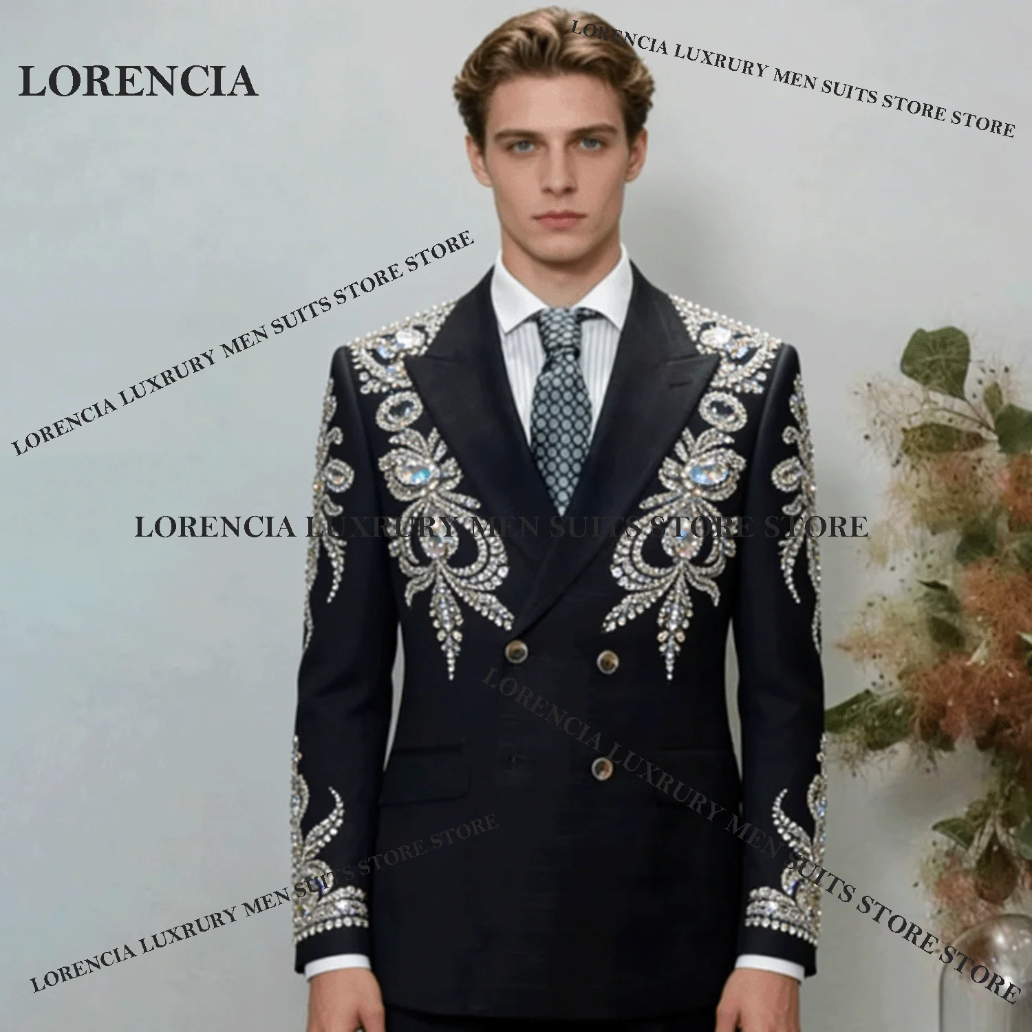 

Customized Diamond Men Suits Luxury Double Breasted Wedding Ropa Blazer 2 Pieces Sets Male Prom Blazer Exquisite Groom Tuxedos