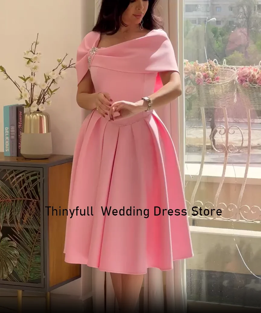 Thinyfull Baby Pink Saudi Arabric Prom Dress A-line Short Sleeves Evening Party Dresses Customized Formal Occasion Gowns