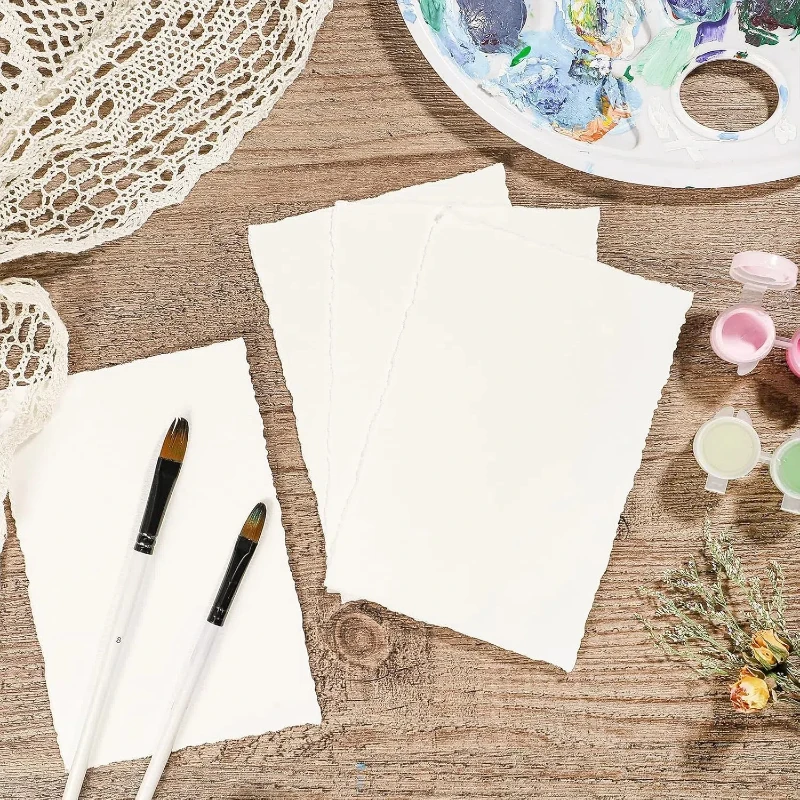 25 Sheets Watercolor Paper, 300 GSM Deckled Edge Paper 4 x 6 inch Rough/Textured Handmade Paper Cotton Paper White Textured Pape