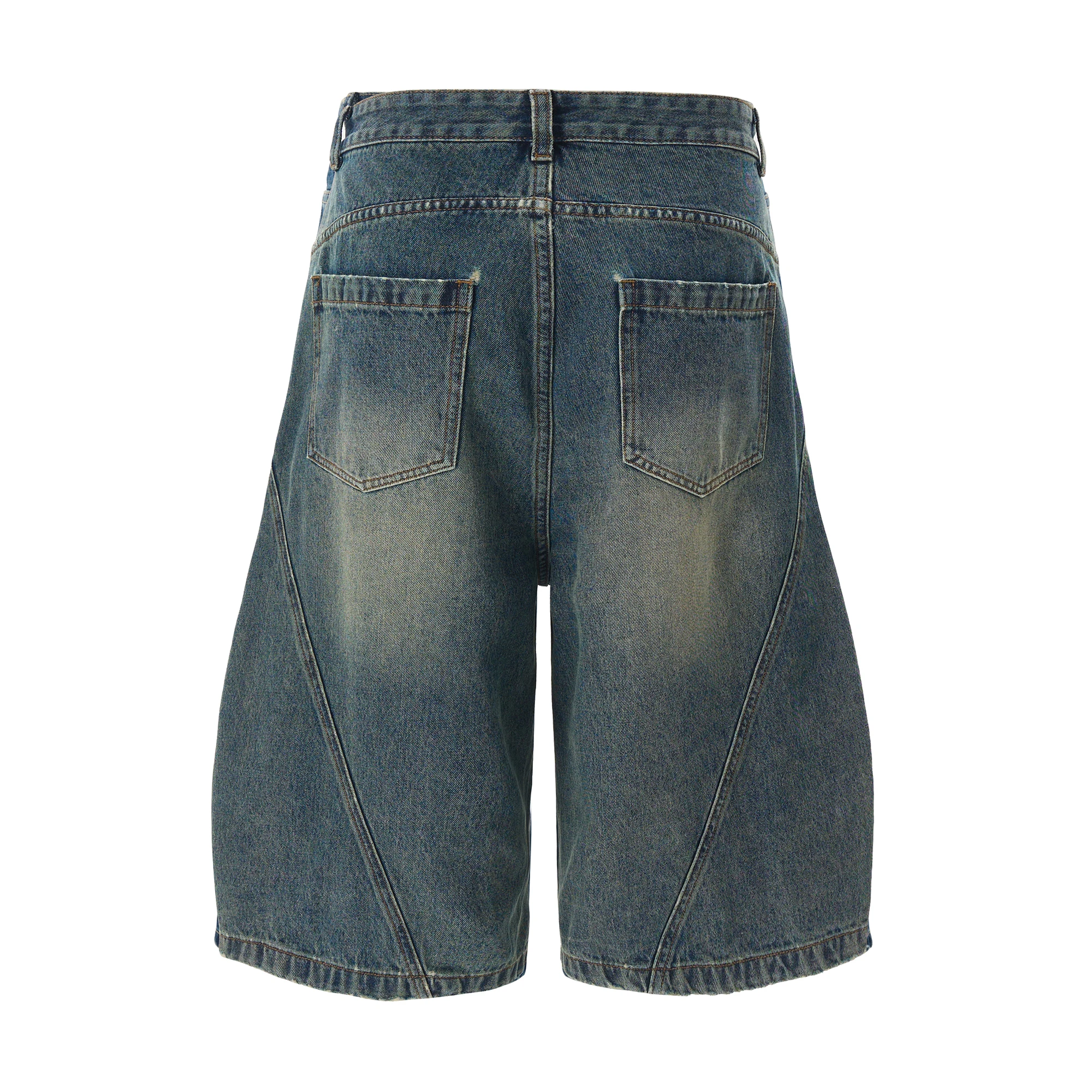 Celana Pendek Denim Tertekan Ukuran Besar Pisau Melengkung Celana Pendek Jeans Dicuci Antik Ringan Warna Solid Celana Pendek Kaki Lebar Longgar Hip Hop