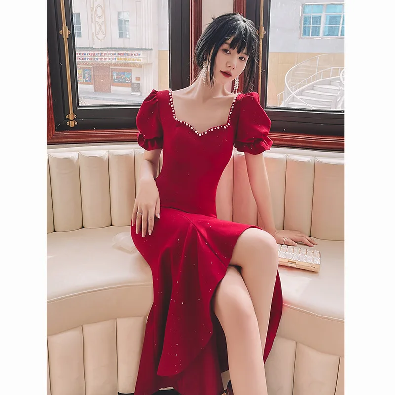 

Burgundy Sexy Beaded Square Collar Mermaid Back Zipper Bow Evening Gowns Oriental Party Banquet Female Stage Dresses Cheongsam