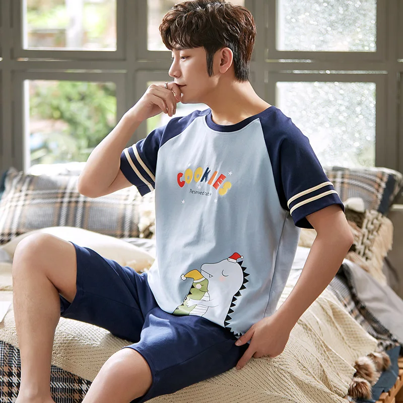 طقم بيجامات رجالي قطن صيفي بأكمام قصيرة تي شيرت مع شورت نمط فضفاض غير رسمي بيجامات منزلية للرجال طقم بيجامات للرجال #2