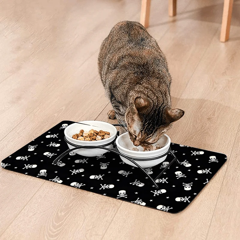 Pet Mat/Multi-size/Black & White Pirate Skull & Stars Design/Easy to Clean/Multiple Sizes/Ideal Gift for Halloween
