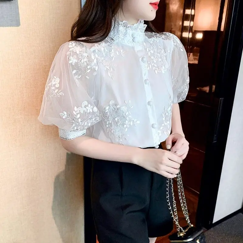 2023 New Summer French Lace Standing Neck Heavy Work Embroidery Lantern Sleeve Single Breasted Cardigan Commuter Loose Shirt