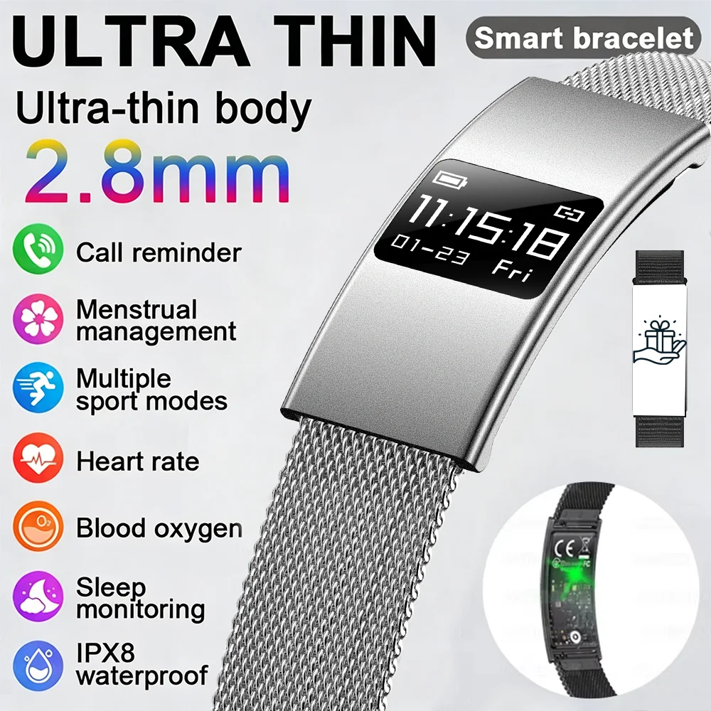 Ultra-Thin Smart Bracelet Women Men Heart Rate Blood Oxygen Health Monitor Sport Smartwatch Waterproof Smart Watch Holiday Gifts