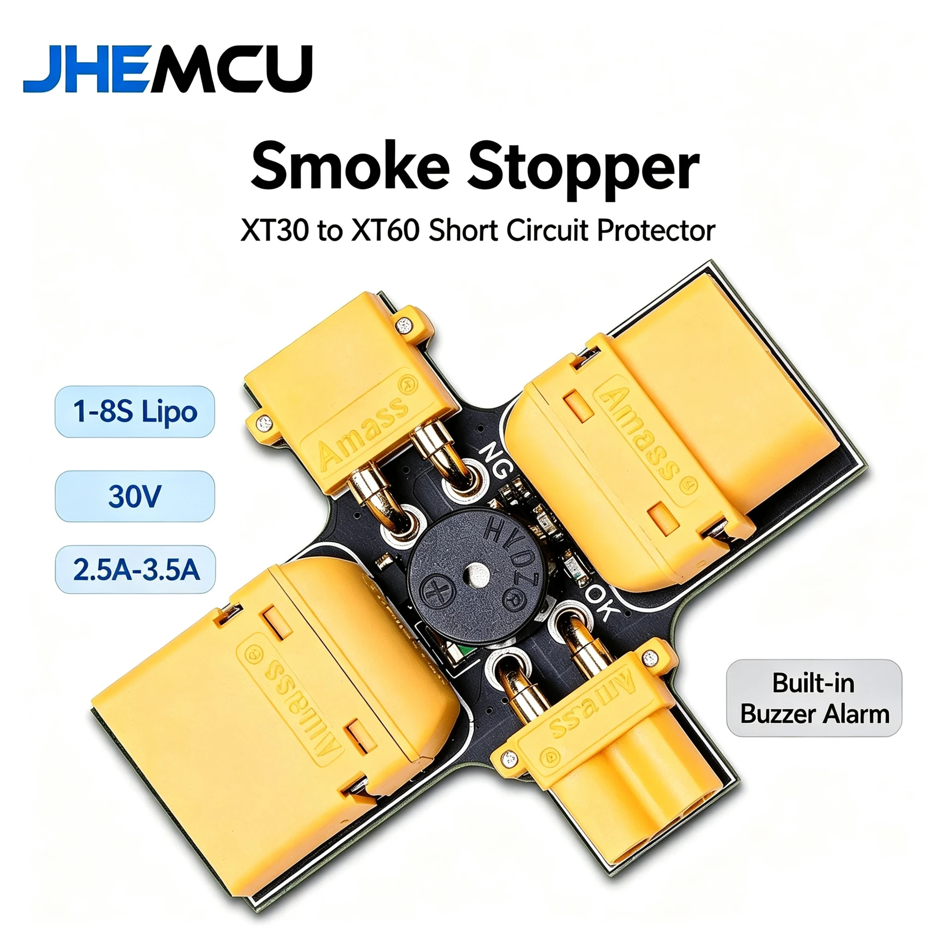 JHEMCU Smoke Stopper XT30 to XT60 Short Circuit Protector Built-in Buzzer Alarm 1-8S Lipo 30V 2.5A-3.5A for RC FPV Drone