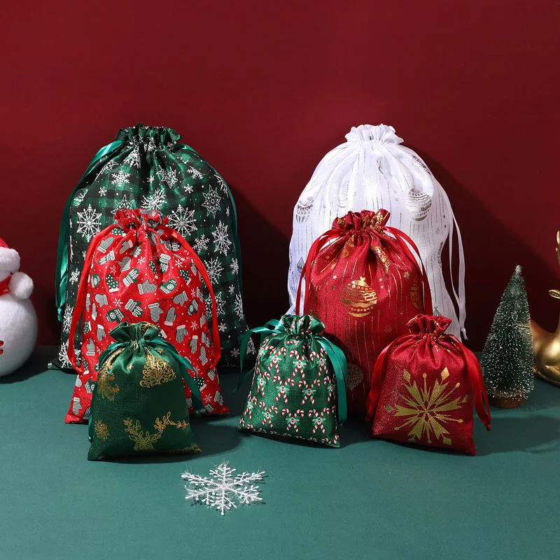 20pcs/lot 15*20, 20*30, 30*40cm Big Sizes Gold Stamping Pattern Bamboo Cotton Drawstring Bags For Christmas Gift Packing Pouches