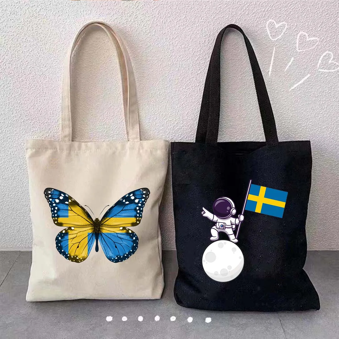 Europe Sweden Flag Map Coat of Arms Stockholm Love Heart Swedish Souvenir Landmark Cute Shopping Canvas Tote Bag Shopper Handbag