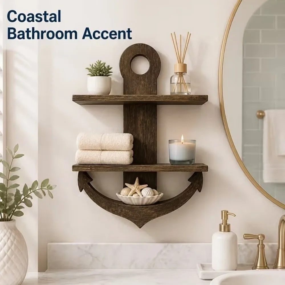 Decorative Wooden Anchor Design Wall Shelf Double-Layer Retro Wall Mounted Shelf Nautical Style Modern Display Rack Bathroom