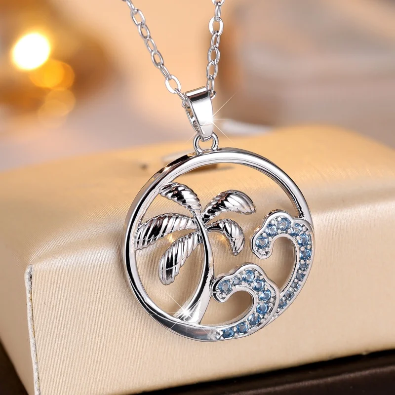 2026 New European and American Island Style Coconut Tree Wave Necklace Ocean Elements Blue Zircon Hollow Pendant