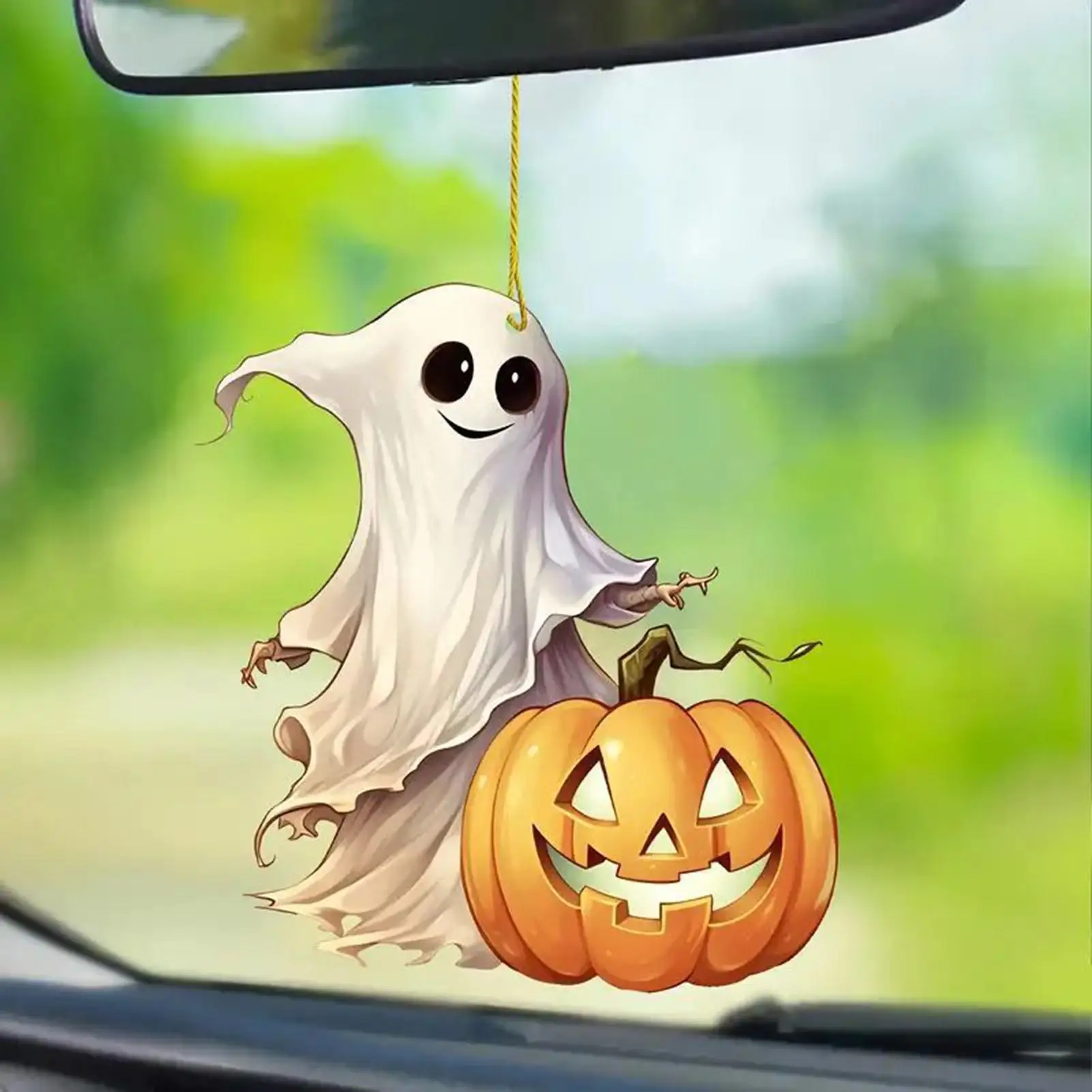 

Car Rear View Mirror Ornament Ghost Car Pendant With Pumpkin Cute 2D Acrylic Halloween Ghost Ornament For Women Men Vehicle