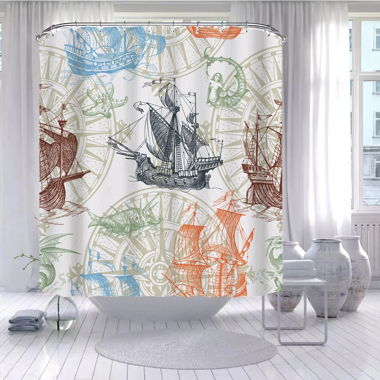 Ship Anchor Rudder Boat Shower Curtain Pirate Sailboat Starfish Bathroom Wall Hanging Curtains Waterproof Hooks Screen Decor