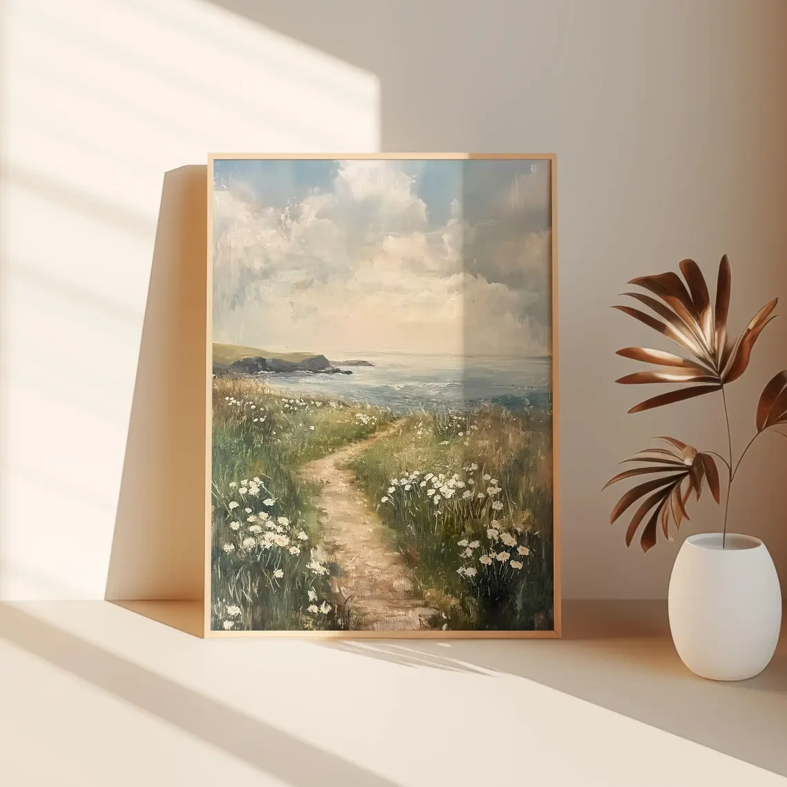 Coastal White Wildflower Painting, Summer Vintage Beach Farmhouse Digital Print, Moody Floral Landscape, Flower Field Spring