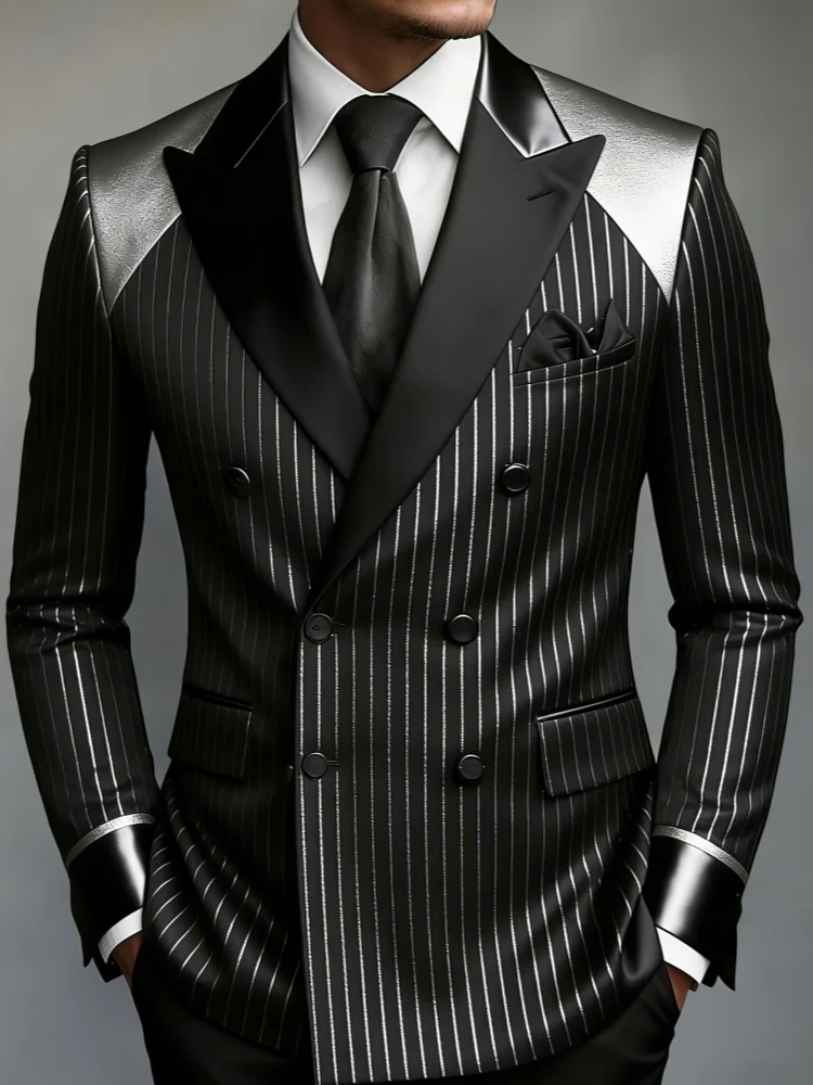Men Decorative‑Trim Lapel Double‑Breasted Vertical‑Stripe Formal Party Blazer