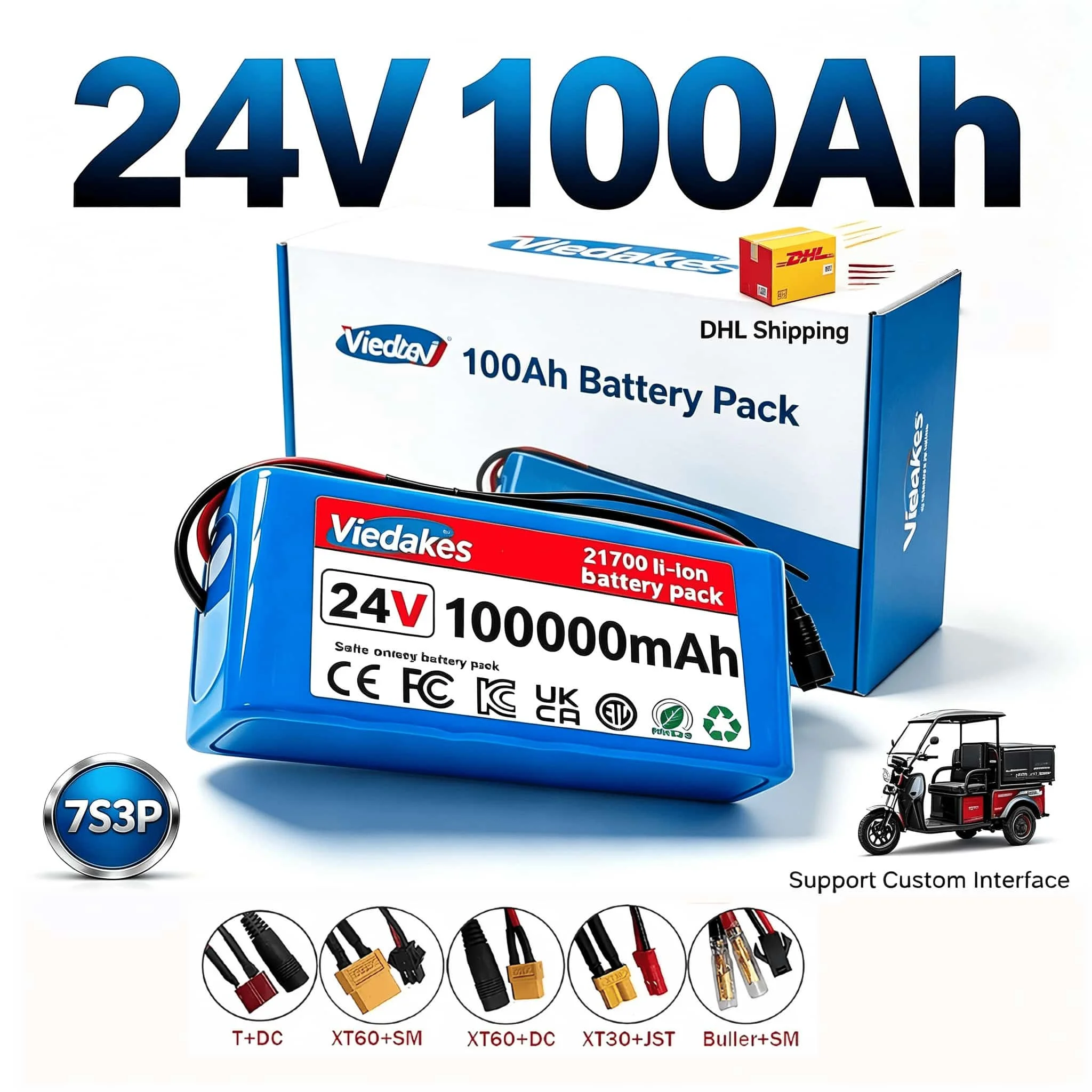 Viedakes 7S3P 24V 100Ah 21700 Li‑ion Battery, Built‑in BMS Over‑Discharge Protection XT60 T DC for RV & Wheelchair