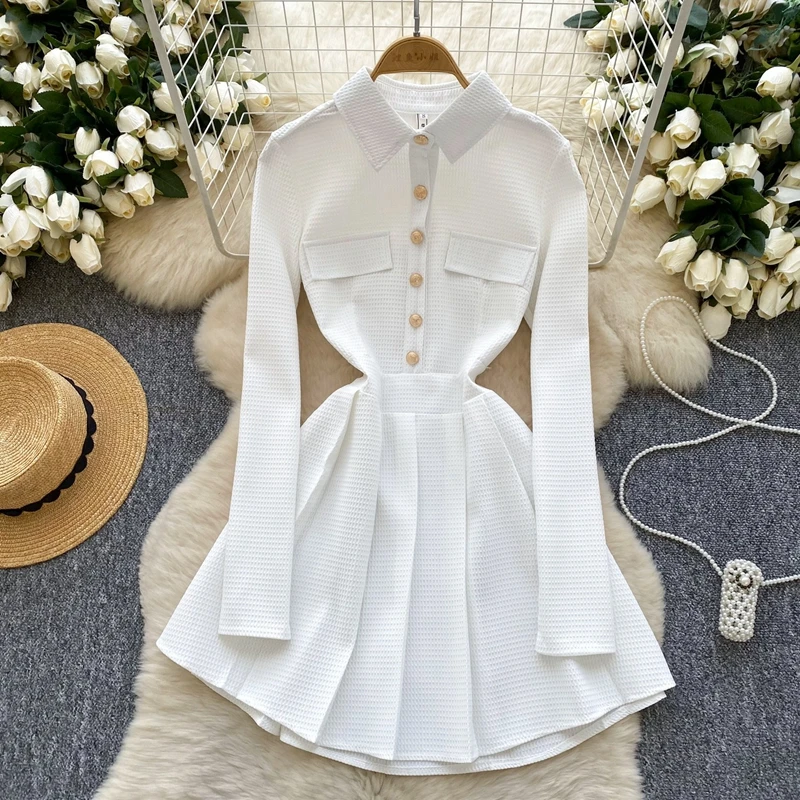 الفرنسية الرجعية نمط طويلة الأكمام طوق أزرار معدنية الخصر Cinching التخسيس مطوي فستان المرأة الربيع الزي #3