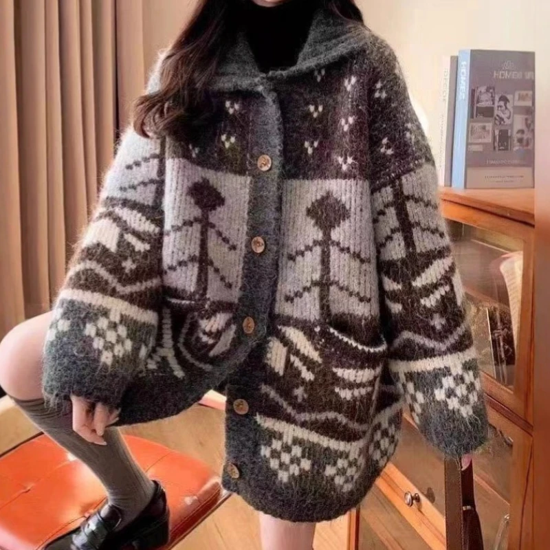 

Вязаный кардиган, свитера, женские жаккардовые джемперы с отложным воротником и длинными рукавами, однобортные, свободные, повседневные, осень-зима 2023 г.