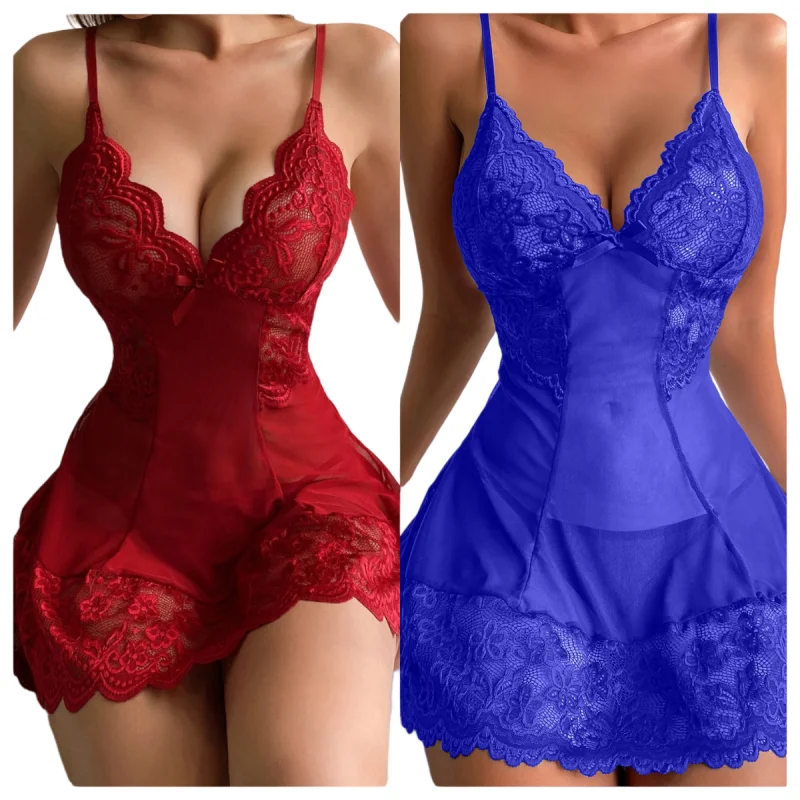 Plus Size XL 2XL Women's Sexy Deep V Lace Nightdress Babydoll Chemise Bow Nightgown Sleepwear Mini Dress Lingerie