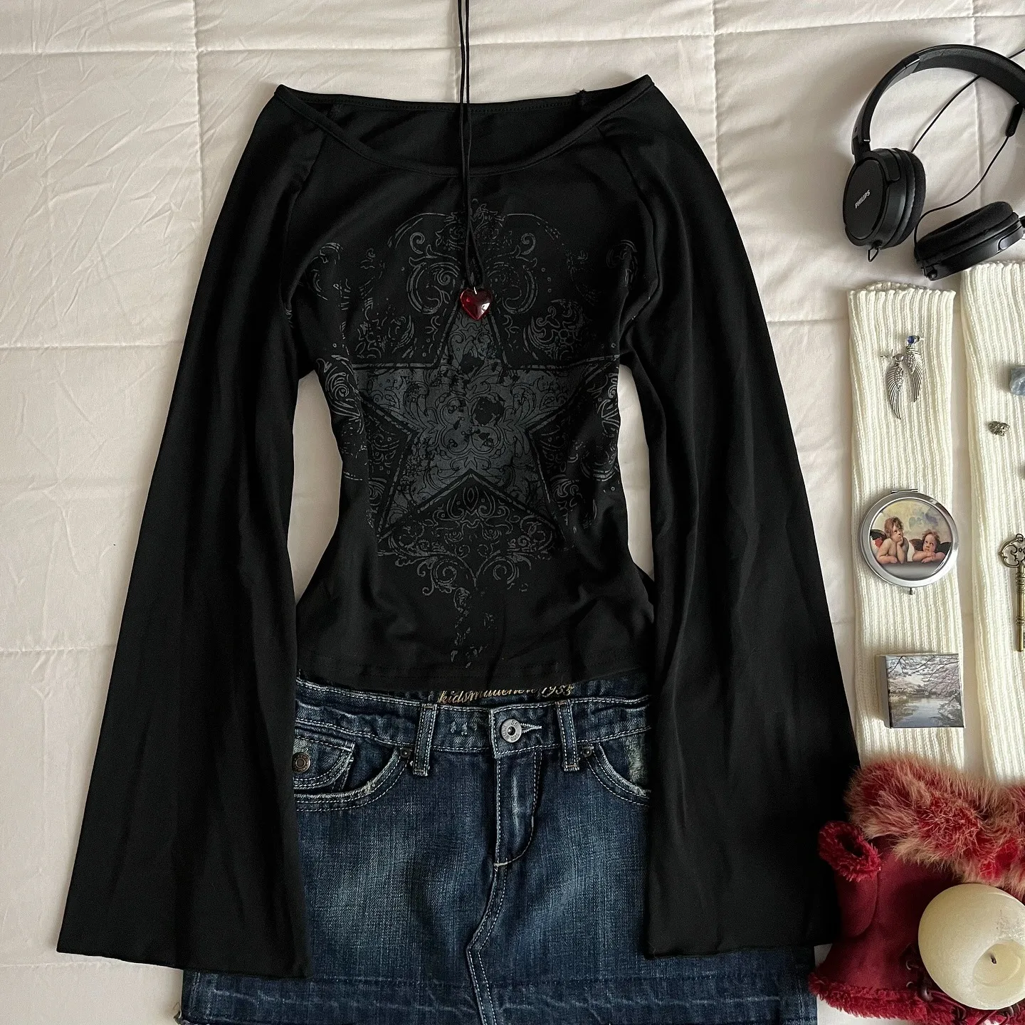 Y2K Grunge Emo Pattern Top Suitable for Autumn E-Girls Millennium Style Women's Aesthetic Gothic Printed Loose Long Sleeve T-shi