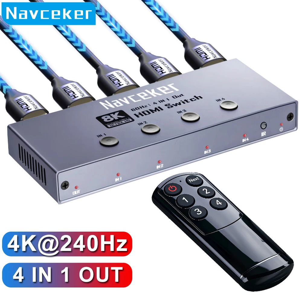 Navceker 8K HDMI 2.1 Switch 4 Port 4K 240Hz with Remote 4 in 1 out - High-Speed Gaming Switcher for PS5 Xbox Series Apple TV