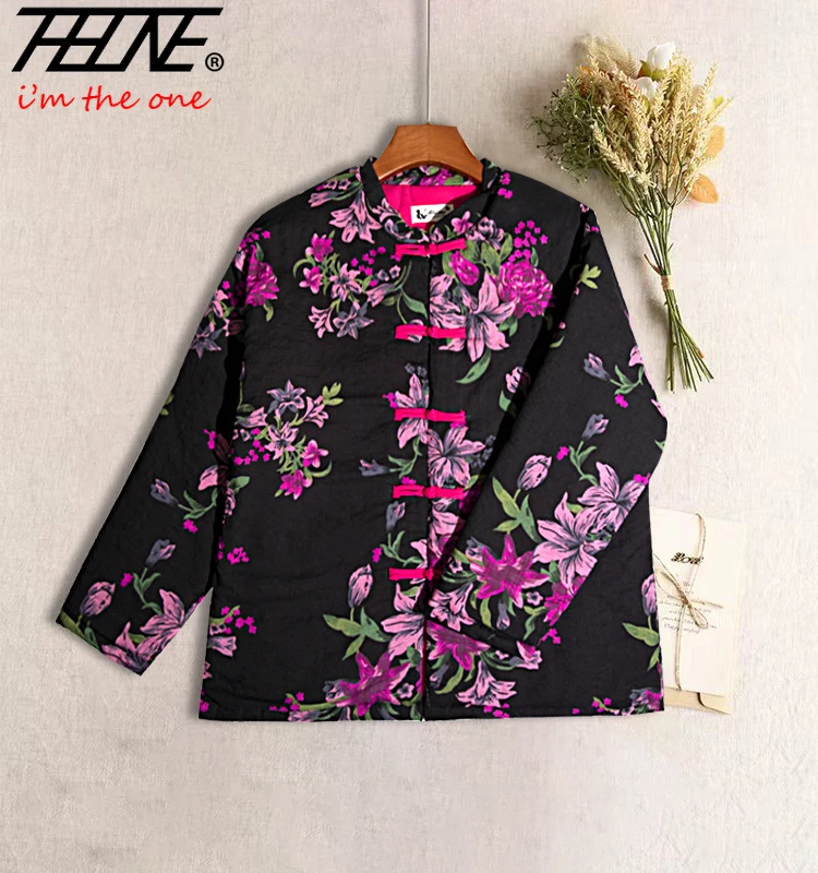 THHONE Autumn Winter Coat for Women Parkas Vintage Indie Folk O Neck Chinese Style Long Sleeve Loose Casual Clothes Female Top