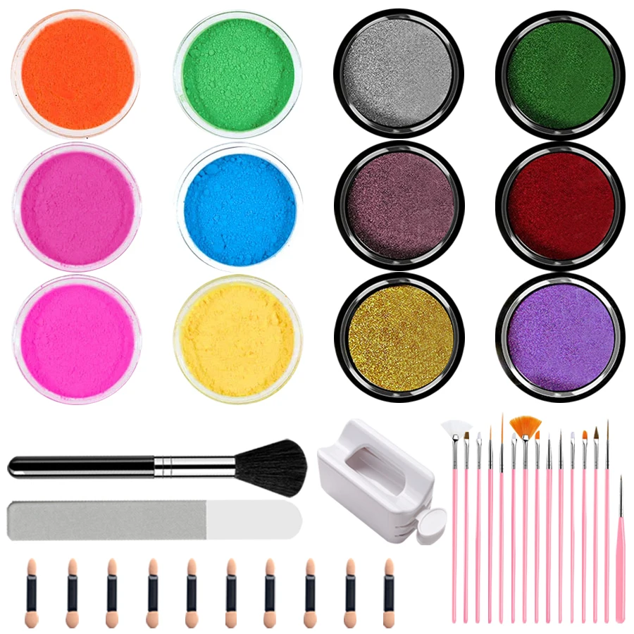 6Pcs Neon Pigment Powder 6Pcs Magic Mirror Powder Nails Kit Nail Brush Nail File 15 Nail Pens Powder box Sponge brush Sets