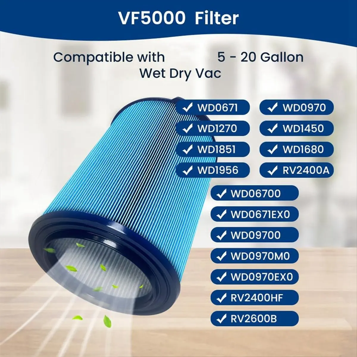 

VF5000 Filter for 5-20 Gallon WD1450/WD0970/WD1270,Replacement 3-Layer Filters for Wet Dry Vacuum 2 Pack