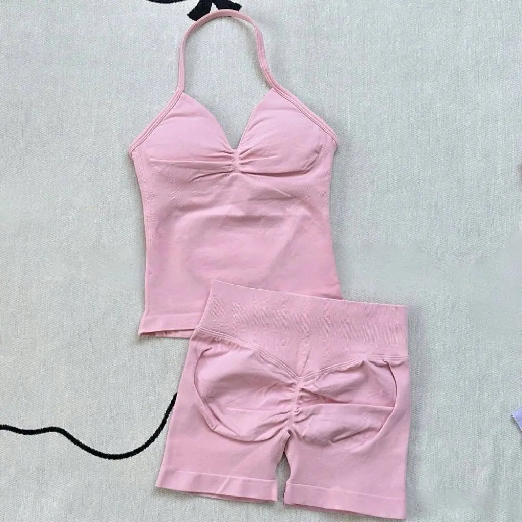 Women Gym Suit Clothes Longline Strappy Top Bras Seamless Running Shorts Sports 2 PCs Fitness Suit Running Workout Yoga Set image 2
