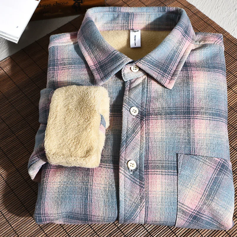 Men\'s Button Down Long Sleeve Brushed Plaid Casual Shirts Fall Winter Single Pocket Thicken Fleece Sherpa Lined Flannel Shirts