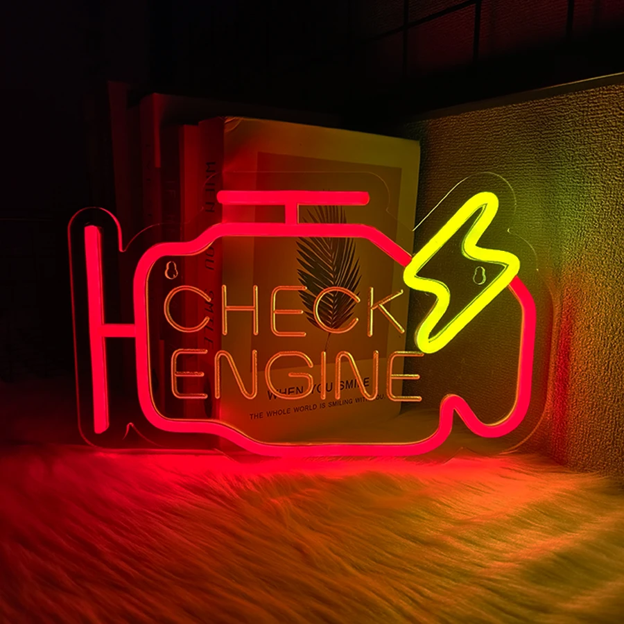 Check Engine Led Neon Sign, 3D Carved Letter Icon Garage Sign, Car Repair Workshop, Man Cave Decor, Gifts For Dad And Car Lovers