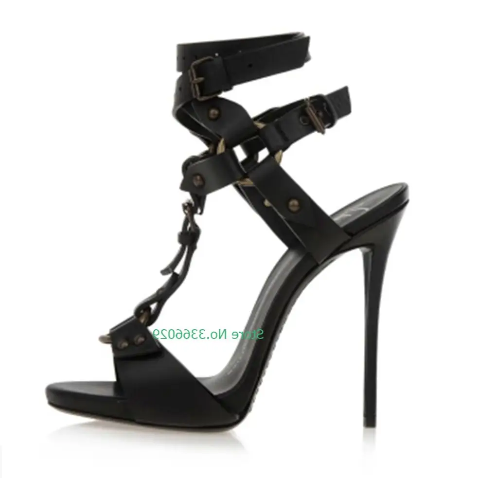 Rivet Stiletto High-Heeled Sandals Open Toe T Strap Black White Fashion Ankle Buckle Street Style Women\'s Summer Rome Shoes