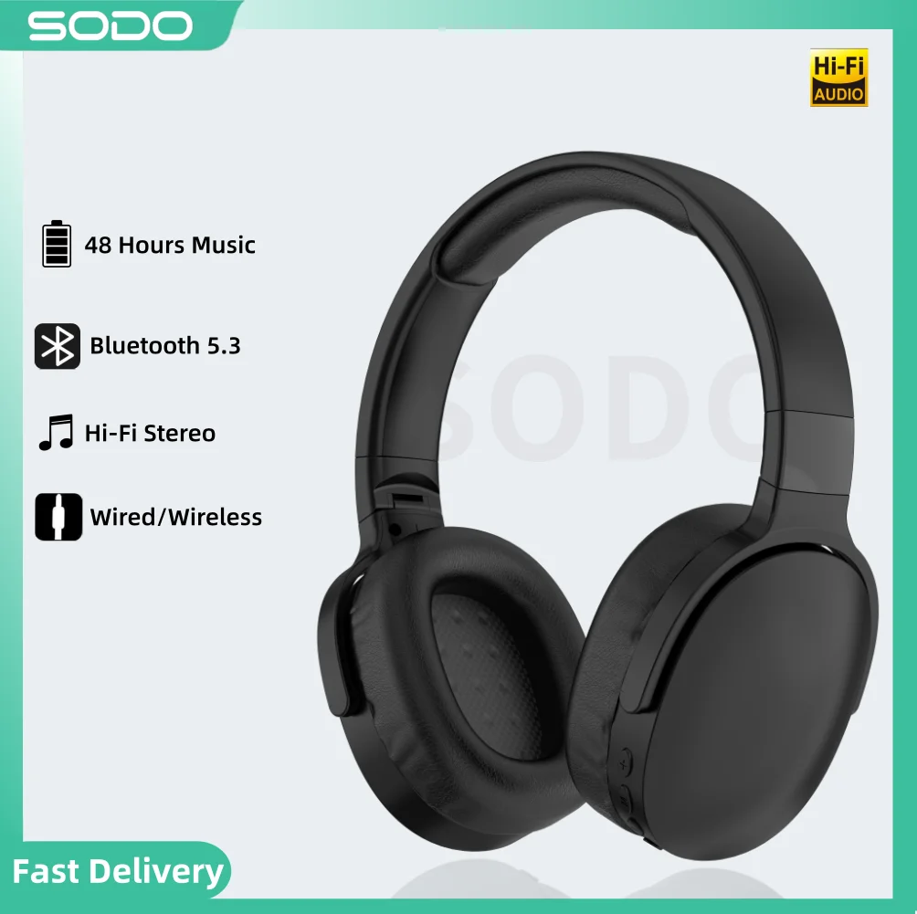 سماعات رأس SODO SD1106 لاسلكية تعمل بالبلوتوث 5.3 فوق الأذن، ستيريو HiFi وقت تشغيل 48 ساعة، سماعة رأس رياضية قابلة للطي مع دعم TF/AUX