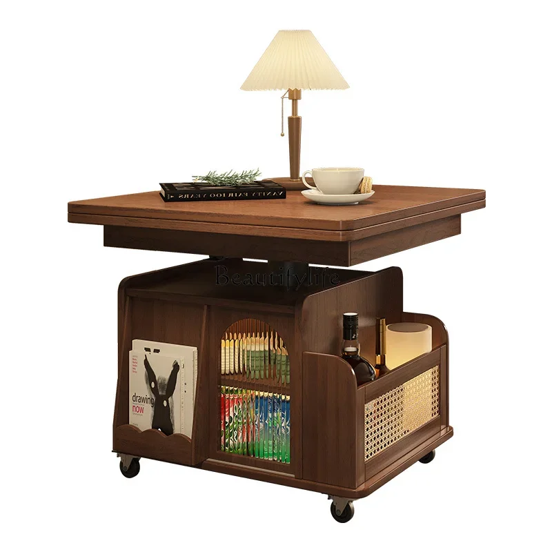 54-Black walnut all-log coffee table can be moved, lifted and stored, folding edge table
